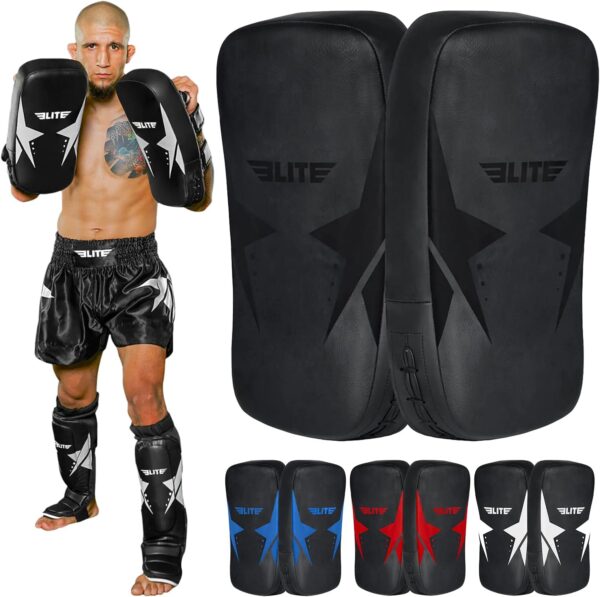 Elite Sports Muay Thai Kickboxing Curved Training Kick Pads (2 PCS) Coaching Kick Boxing, MMA, Taekwondo, Karate Punching, Knee, Foot and Elbow Target Kicking Strike Shield Pad Pair for Martial Arts