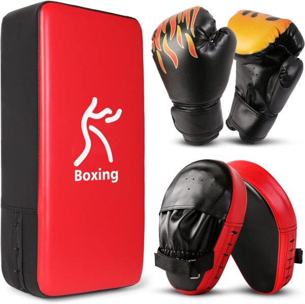 Odoland 3-in-1 Boxing Pads Gloves Punching Mitts Kick Pack Set for Kids Youth, Boxing Mitts Focus Pads, Taekwondo Kick Pad, Kids Boxing Gloves for Boxing, Kickboxing, Karate, Muay Thai, MMA Training