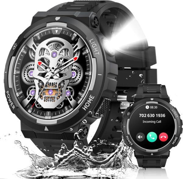 Military Smart Watch for Men(Answer/Make Calls) 1.53” Big Screen Rugged Smart Watch with LED Flashlight 3ATM Waterproof Tactical Smartwatch with 100+ Sports Modes Fitness Tracker Watch for iOS Android