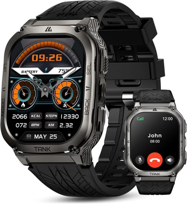 AMAZTIM Smart Watch, 60 Days Extra-Long Battery, 5ATM Waterproof Swimming Diving, Full Metal Military Grade, Answer/Make Call, 2" AMOLED Display, Health Monitor Compatible for iPhone and Android,Black