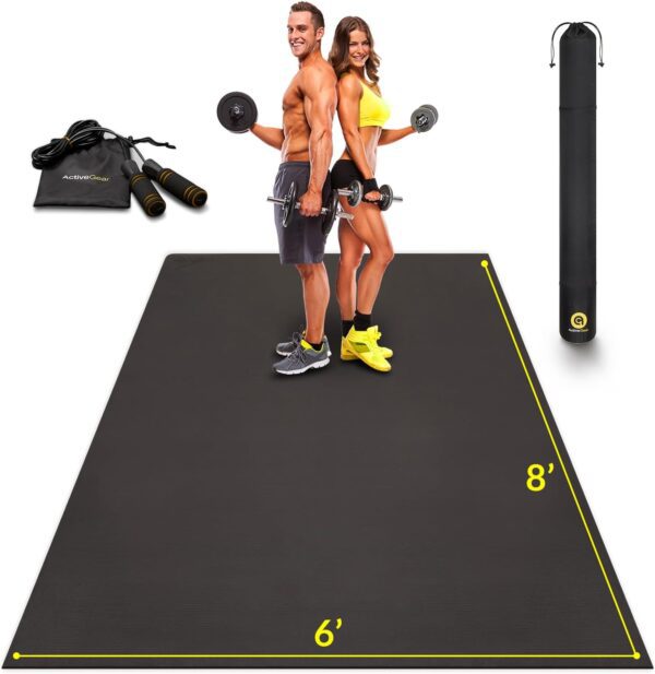 ActiveGear Large Exercise Mat 8 x 6 ft 7mm Thick Premium Ultra-Durable Non-Slip Rubber Workout Mat for Home Gym Flooring | Ideal for Cardio, Fitness, Plyo | Bonus Jump Rope and Storage Bag Included