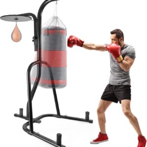 TLSUNNY Heavy Boxing Bag and Speed Bag Stand, Steel Punching Stand for Heavy Bag, Height Adjustable Dual Station Boxing Training Equipment with 3 Plate Pegs(Boxing Bag Speed Bag NOT Include)