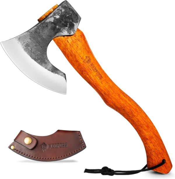 NEDFOSS Camping Axe Hatchet, 15.6" Forged Steel Axe with Leather Sheath, Bearded Axe with Beech Handle, Bushcraft Axe, Carving Axe,Outdoor Hatchet for Wood Splitting, Gift for Men