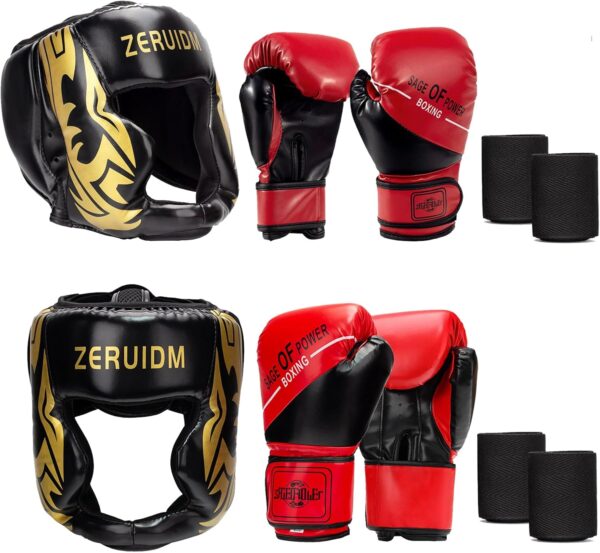 3-in-1 Boxing Gloves and Headgear Set for Kids Adults Sparring Gear Safety Head Guard Boxing Helmet for MMA Kickboxing Muay Thai Training Equipment Ages 6-18 Years